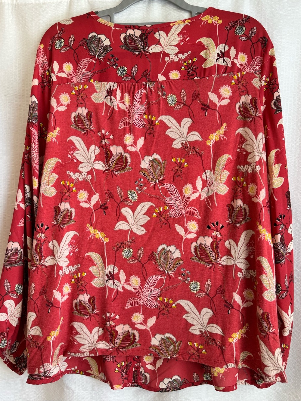 LOFT Soft Red Floral Tie-Neck Peasant Blouse - Picture 5 of 10